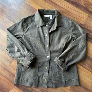 Chico's‎ Size 1 Jean Jacket Brown Embroidered Back Studded Denim Pockets Stretch